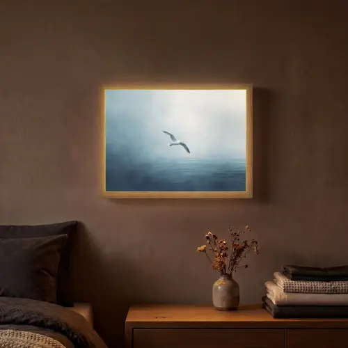 Meeuw - Wit - Zee - Mistig Light Box met batterij (Wandlamp) middel -sfeer4