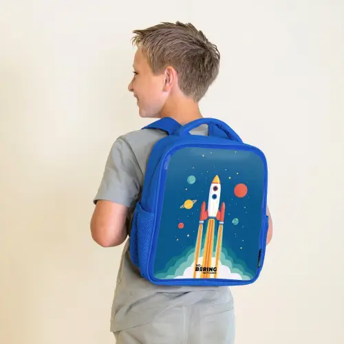 Raket - Planeet - Sterren - Veelkleurig Kinderrugzak - Blauw middel -sfeer2