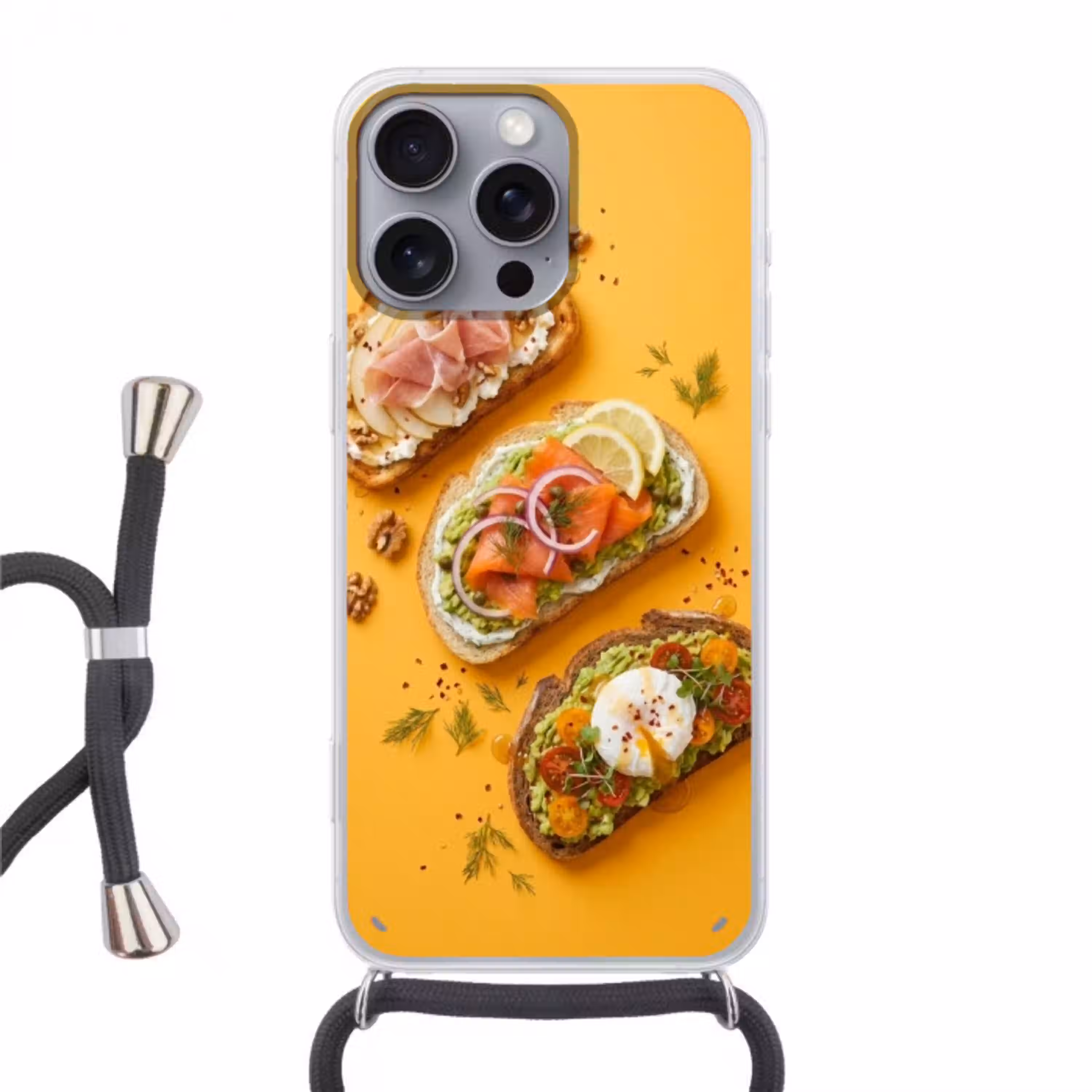 Eten - Brood - Ontbijt - Modern - Kleurrijk Hoesje iPhone 16 Pro Max met koord klein -3d