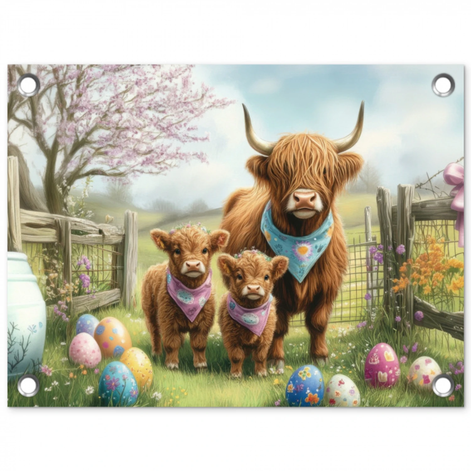 Schotsehooglanders - Paaseieren - Lente tuinposter los doek klein -3d