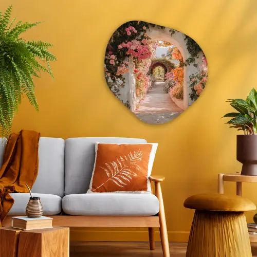 Doorkijk - Boog - Bloemen - Pastel Wandcirkel Organisch Plexiglas middel -sfeer4