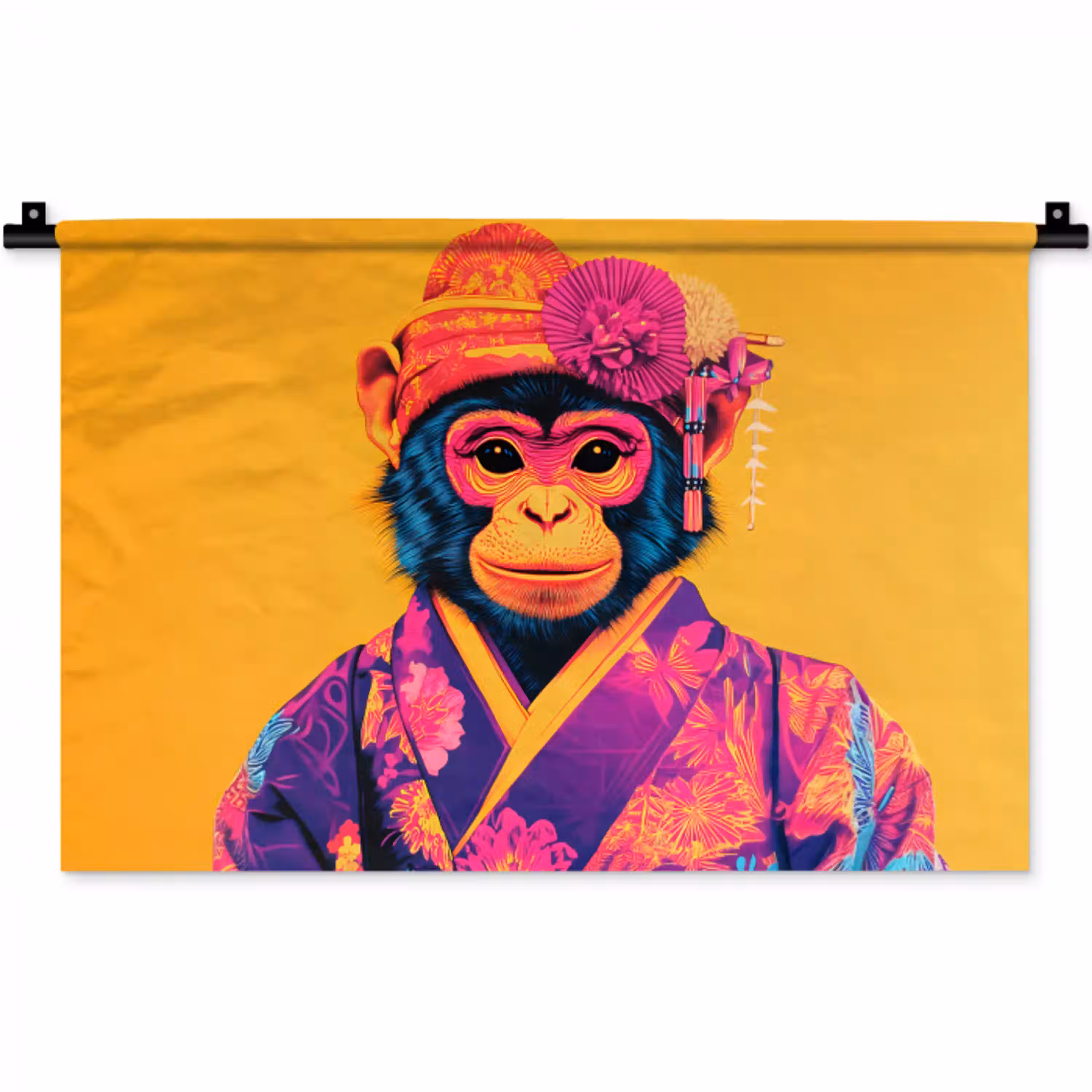 Aap - Kimono - Bloemen - Hoofdtooi Wandkleed katoen klein -zz3d
