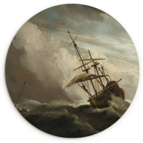 Een schip in volle zee bij vliegende storm - Schilderij van Willem van de Velde Wandcirkel kunststof plaat 5mm dik klein -3d