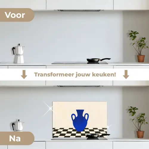 Vaas - Blauw - Geblokt - Modern keuken achterwand spatscherm klein -voor_na_NL