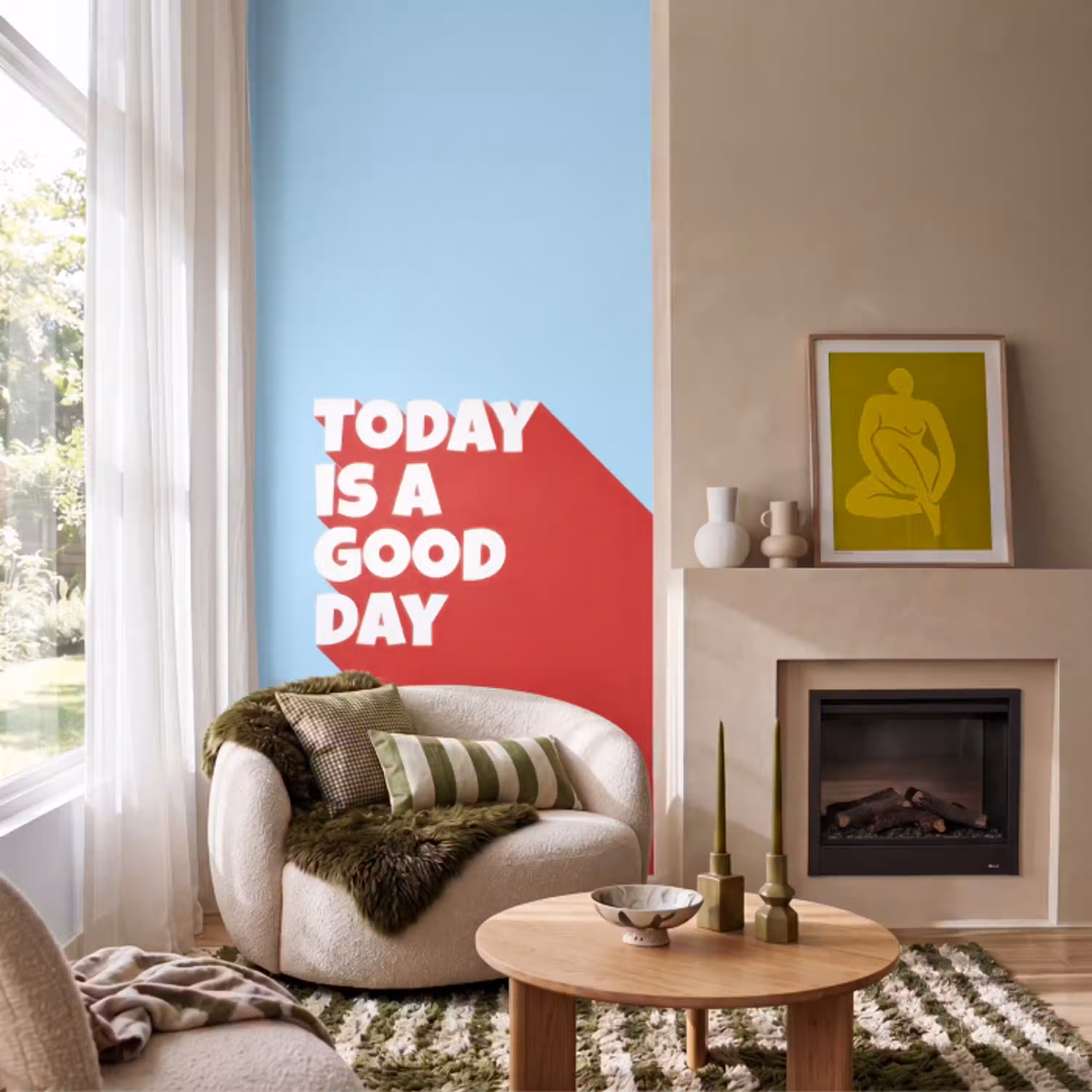 Today is a good day - Rood - lichtblauw Behang Vlies klein -sfeer2