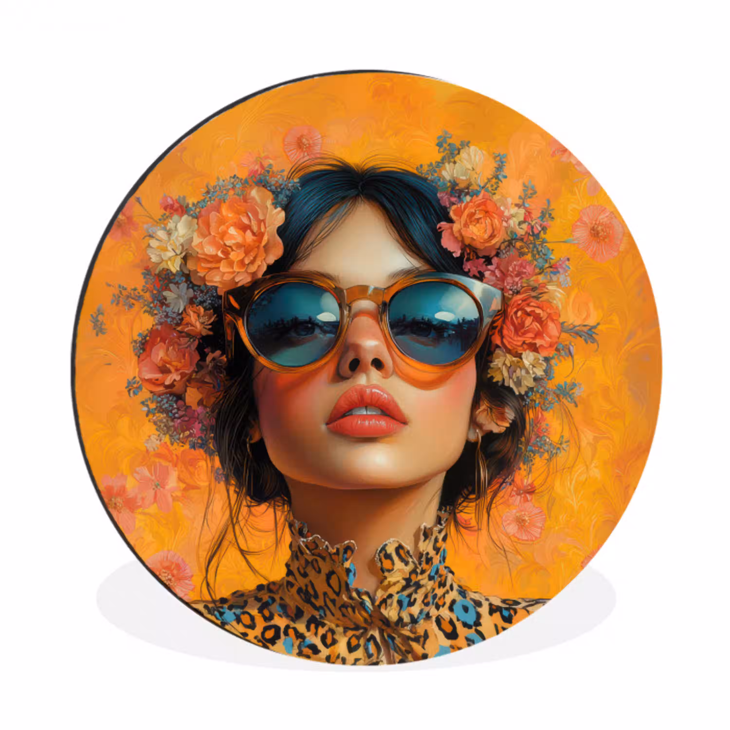Vrouw - Bloemen - Aesthetic - Oranje Wandcirkel aluminium klein -3d
