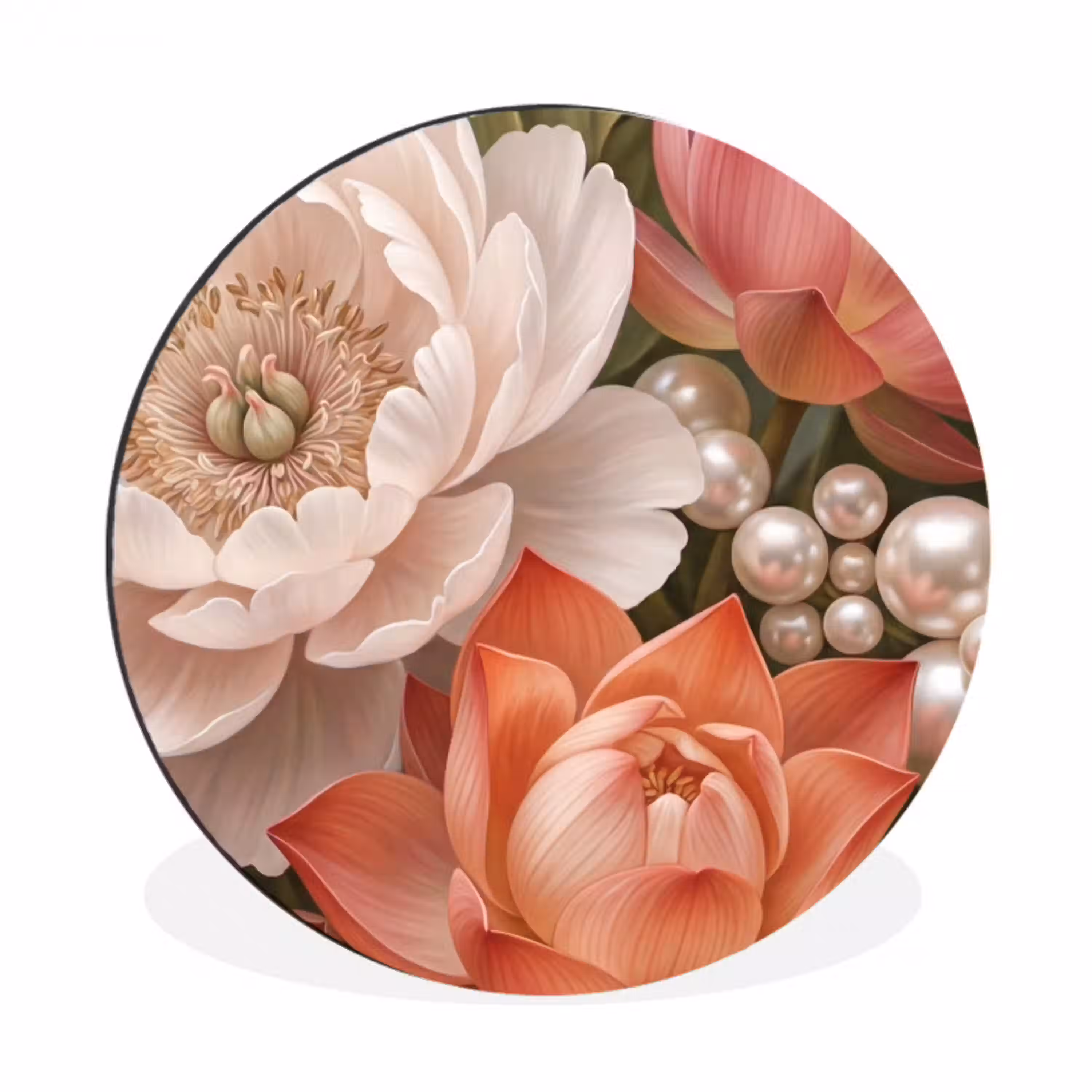 Bloemen - Parels - Elegant - Roze - Wit Wandcirkel aluminium klein -3d