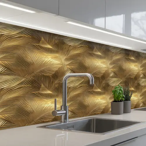 Palm - Waaier - Goud keuken achterwand 2 middel 871 -3d_schuin