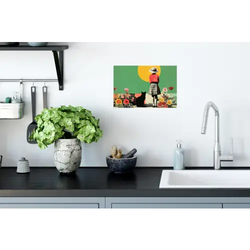 Retro - Meisje - Kat - Zon Muursticker klein -keuken