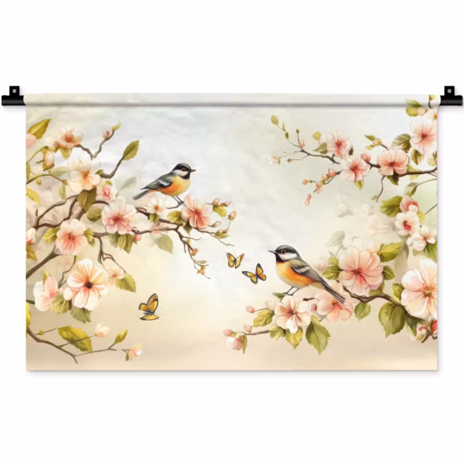 Wandkleed - Takken - Bloemen - Vogeltjes - Roze
