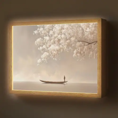 Bloesems - Wit - Boot - Minimalistisch Light Box met batterij (Wandlamp) middel -z3d_website