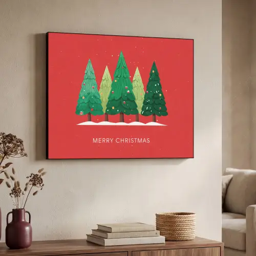 Minimalistisch - Kerstbomen - Rood - Sneeuw Textielframe zwart klein -sfeer3