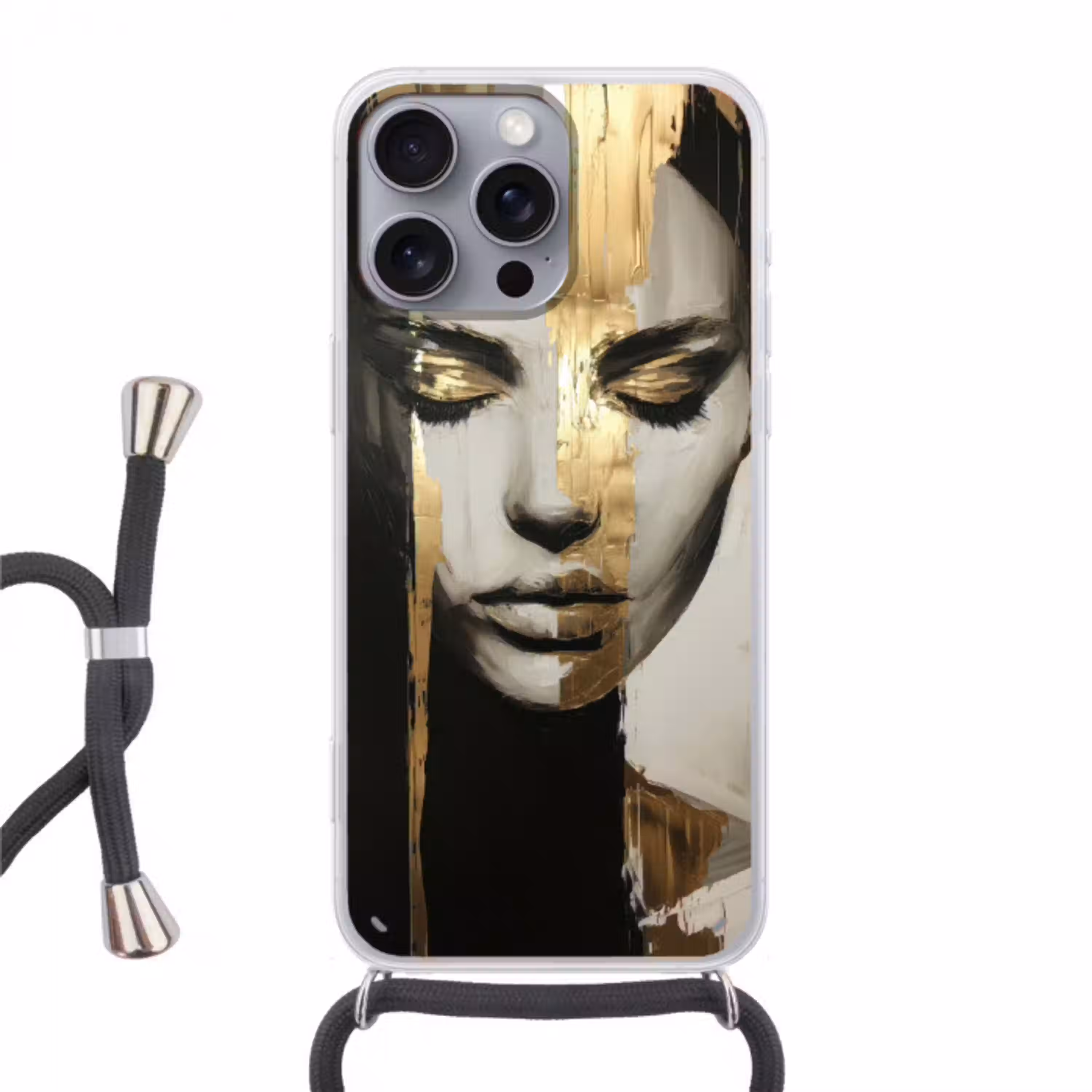 Ogen - Gezicht - Goud - Strepen Hoesje iPhone 16 Pro Max met koord klein -3d