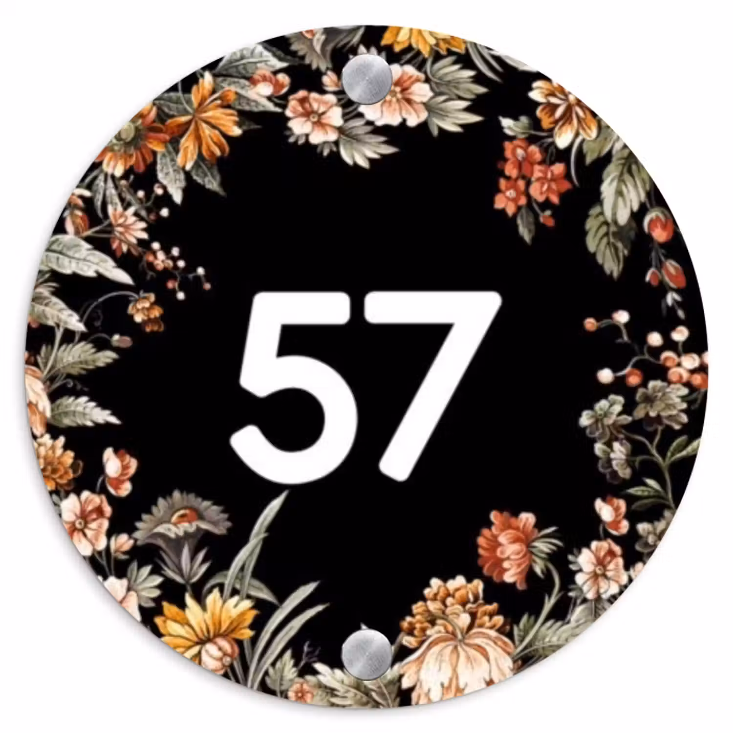Naambordje voordeur - Rond - Bloemen - Zwart - Traditioneel