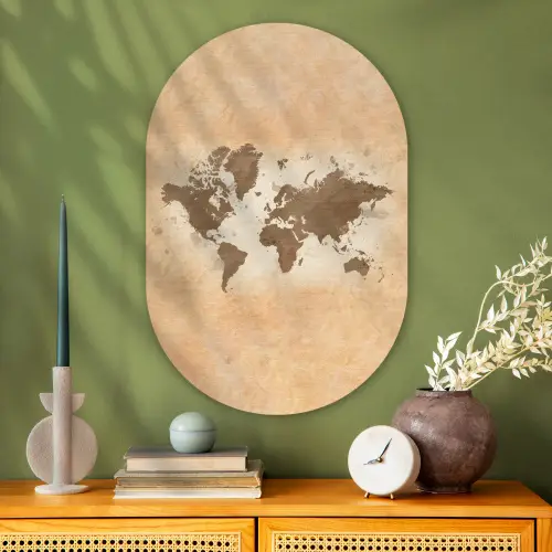 Wereldkaart - Beige - Bruin Wandcirkel Ovaal Glas middel -sfeer2