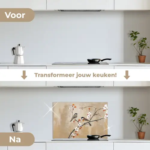 Vogels - Bloesemtak - Bloemen - Oranje keuken achterwand spatscherm klein -voor_na_NL