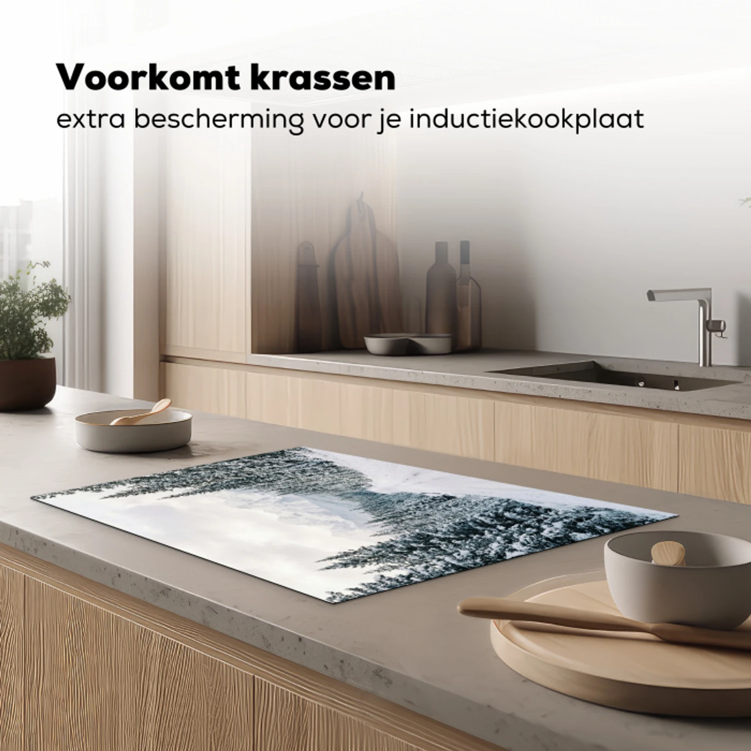 Weg - Sneeuw - Naaldbos - Winter - Avontuurlijk Inductie beschermer vinyl 3mm klein -sfeer1
