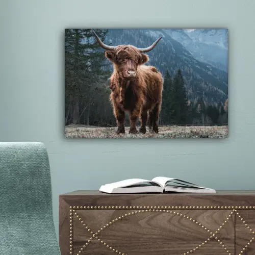 Schotse hooglander - Berg - Landschap - Bomen - Koe - Natuur canvas 2cm klein -sfeer4