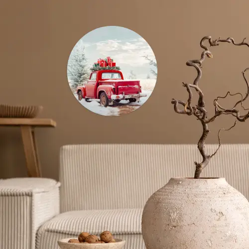Auto - Rood - Cadeaus - Winter - Sneeuw - Kerst Wandcirkel behangsticker klein -sfeer1