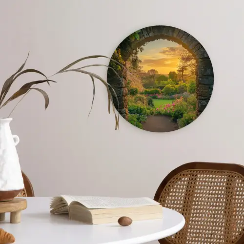 Poort - Planten - Zonsondergang Wandcirkel plexiglas klein -sfeer4
