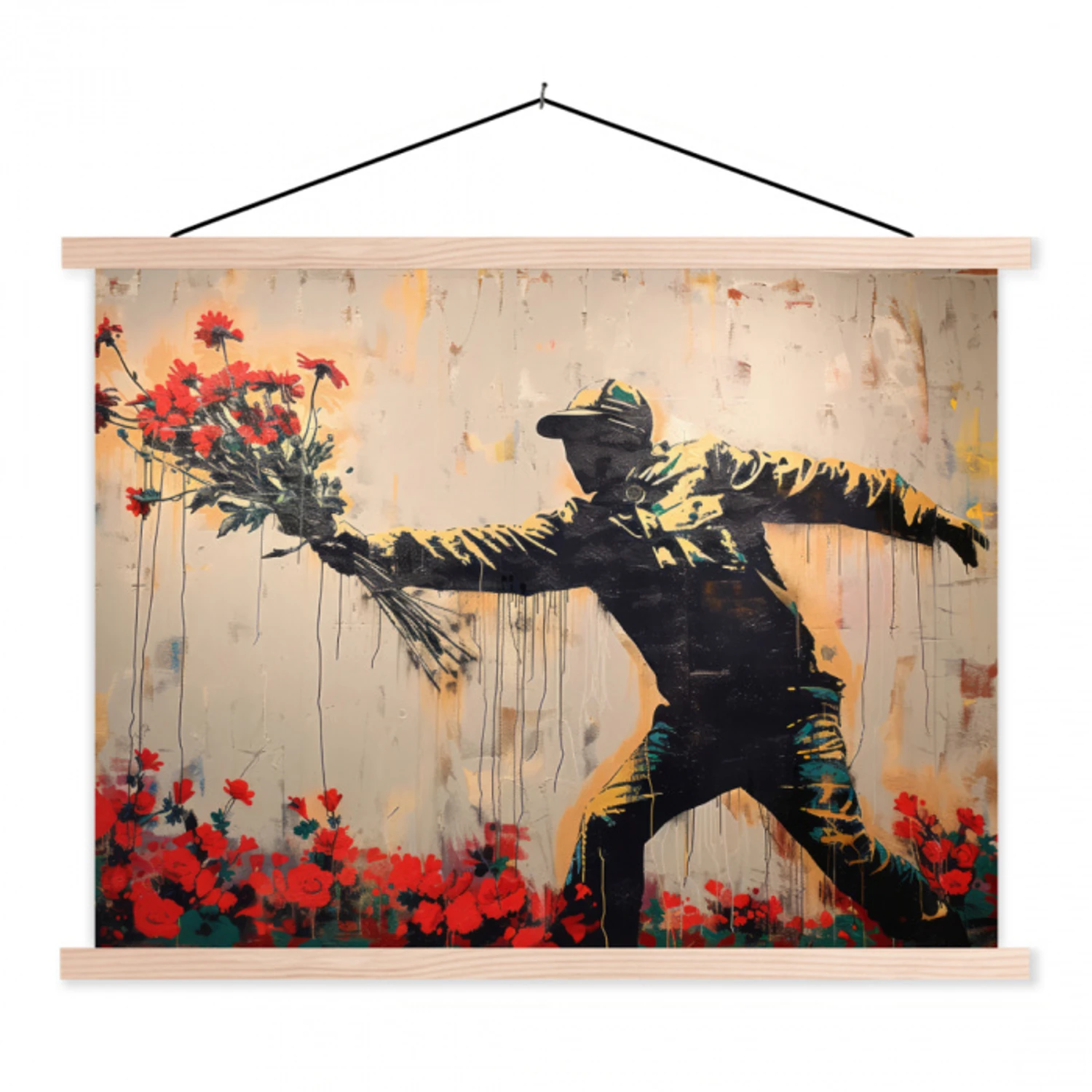 Street art - Man - Bloemen - Rood - Graffiti - Banksy textielposter latten blank klein -3d