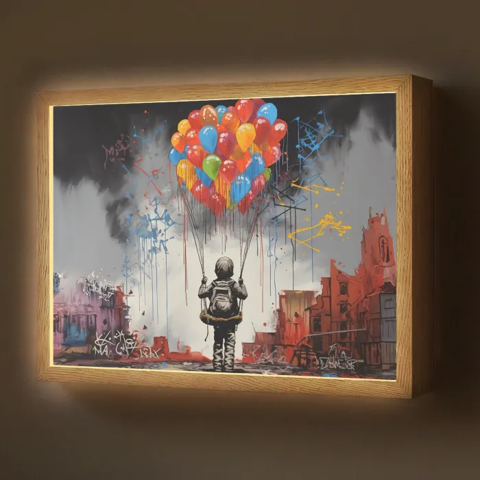 Jongen - Ballonnen - Gebouwen - Kunst Light Box met batterij (Wandlamp) middel -z3d_website