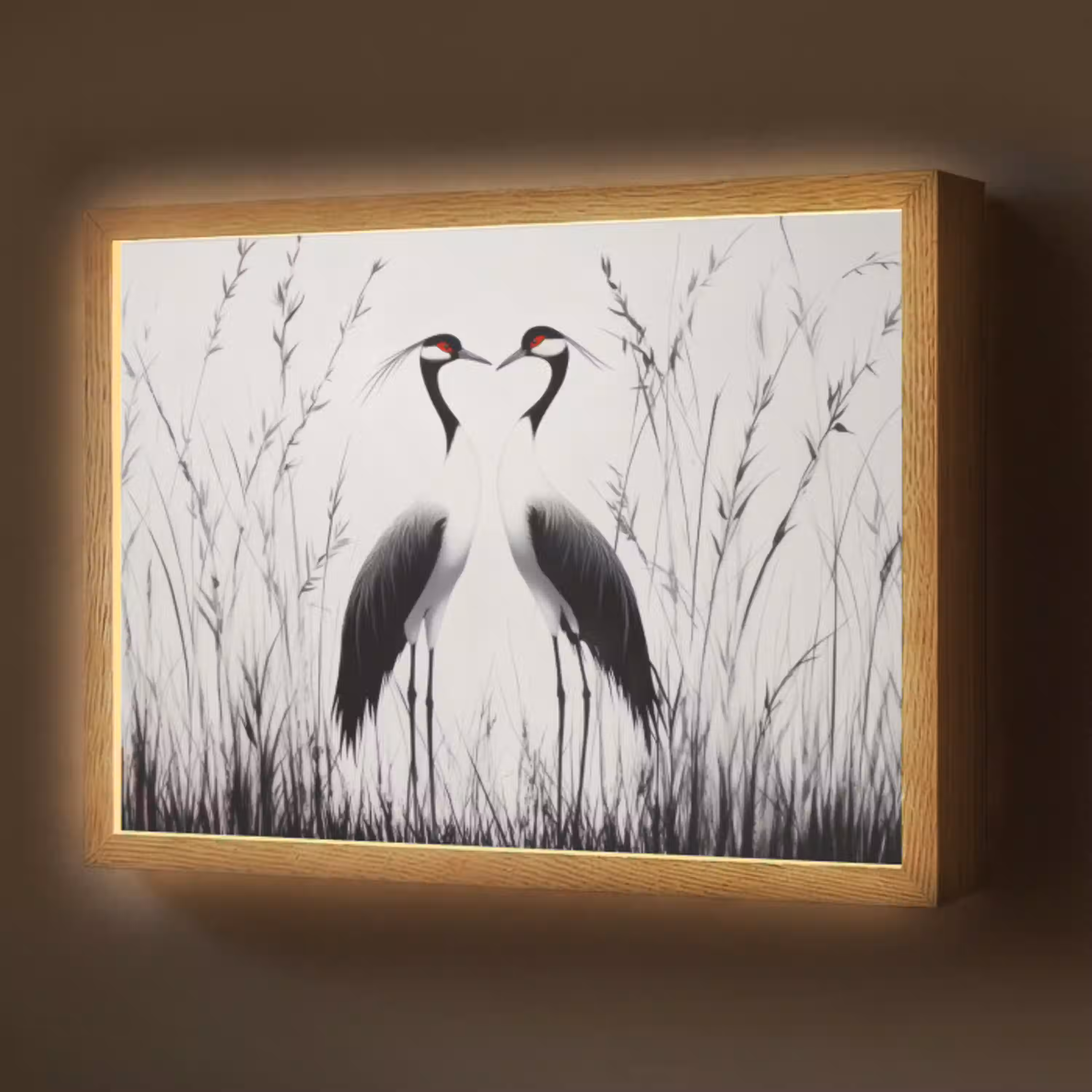Kraanvogels - Gras - Hartvorm - Zwart Light Box met batterij (Wandlamp) middel -z3d_website