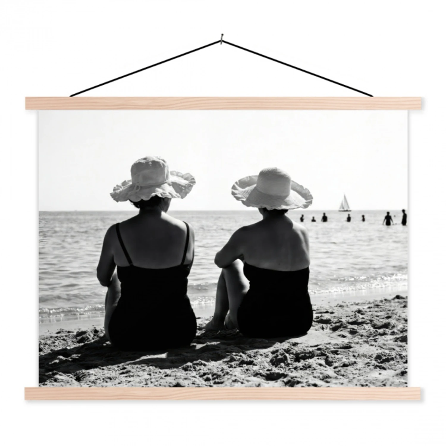 Vrouwen - Zonnehoed - Strand - Zwart - Wit textielposter latten blank klein -3d