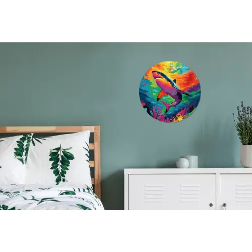Haai - Koraalrif - Abstract - Kleurrijk Wandcirkel aluminium klein -slaapkamer
