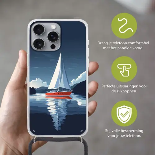 Zeilboot - Donkere bergen - Stilte Hoesje iPhone 16 Pro Max met koord klein -sfeer2_NL