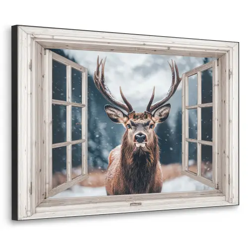 Hert - Dieren - Landschap - Winter - Sneeuw - Doorkijk - Natuur Textielframe zwart klein -3d