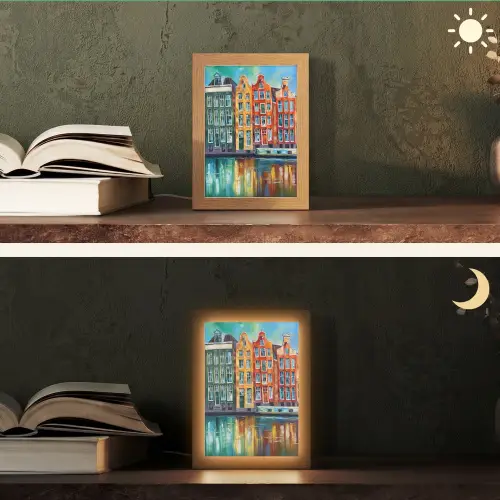 Amsterdam - Olieverf - Gracht - Schilderij - Kunst Light Box met kabel (Tafellamp) klein -sfeer3