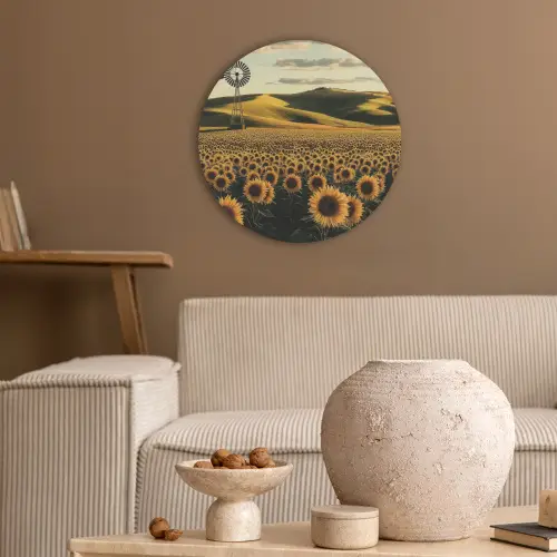 Zonnebloem - Veld - Windmolen Akoestische PET Vilt - Rond klein -sfeer1