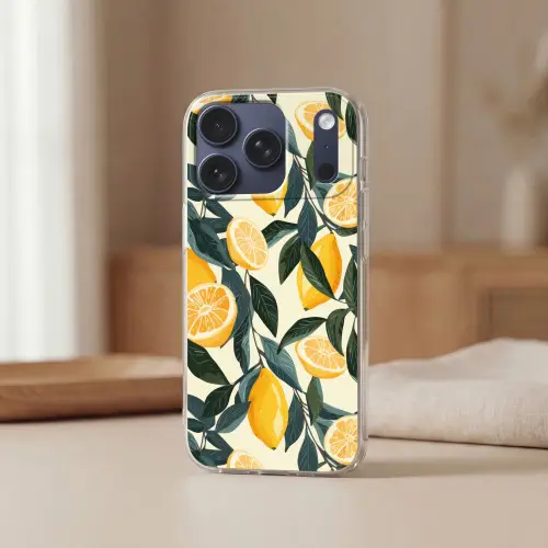 Citroenen - Vruchten - Bladeren - Geel  - Groen - Beige Telefoonhoesje iPhone 17 Pro klein -sfeer2