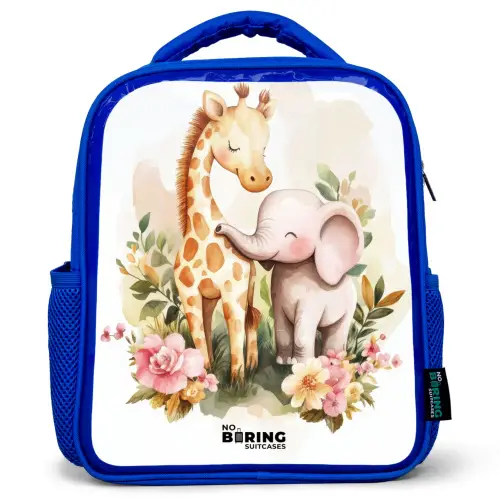 Giraffe en olifant tussen bloemen op witte achtergrond Kinderrugzak - Blauw middel -3d