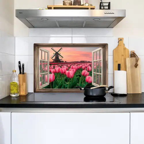 Doorkijk - Tulpen - Bloemen - Molen - Raam Inductie beschemer met haakjes klein -sfeer2