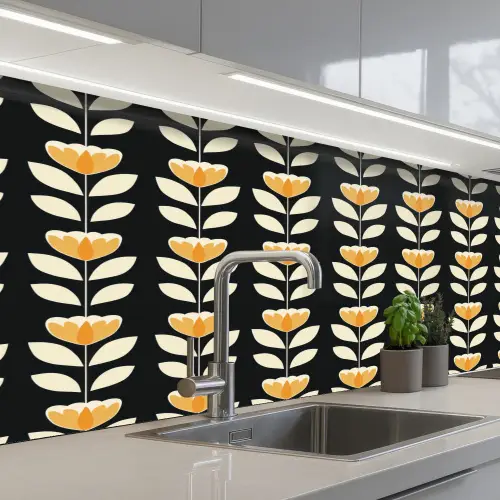 Retro - Bloem - Zwart - Okergeel keuken achterwand 2 middel 871 -3d_schuin