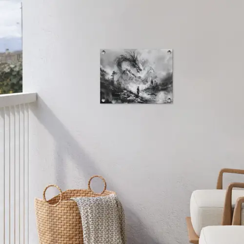 Krijger - Draak - Grijs tuinposter los doek klein -sfeer8