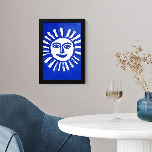 Zon - Gezicht - Penseelstructuur - Blauw fotolijst zwart zonder passe partout klein -sfeer4
