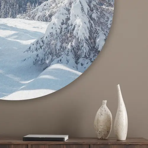 Winterlandschap - Natuur - Berg - Bomen - Sneeuw Akoestische PET Vilt - Rond klein -sfeer5_closeup