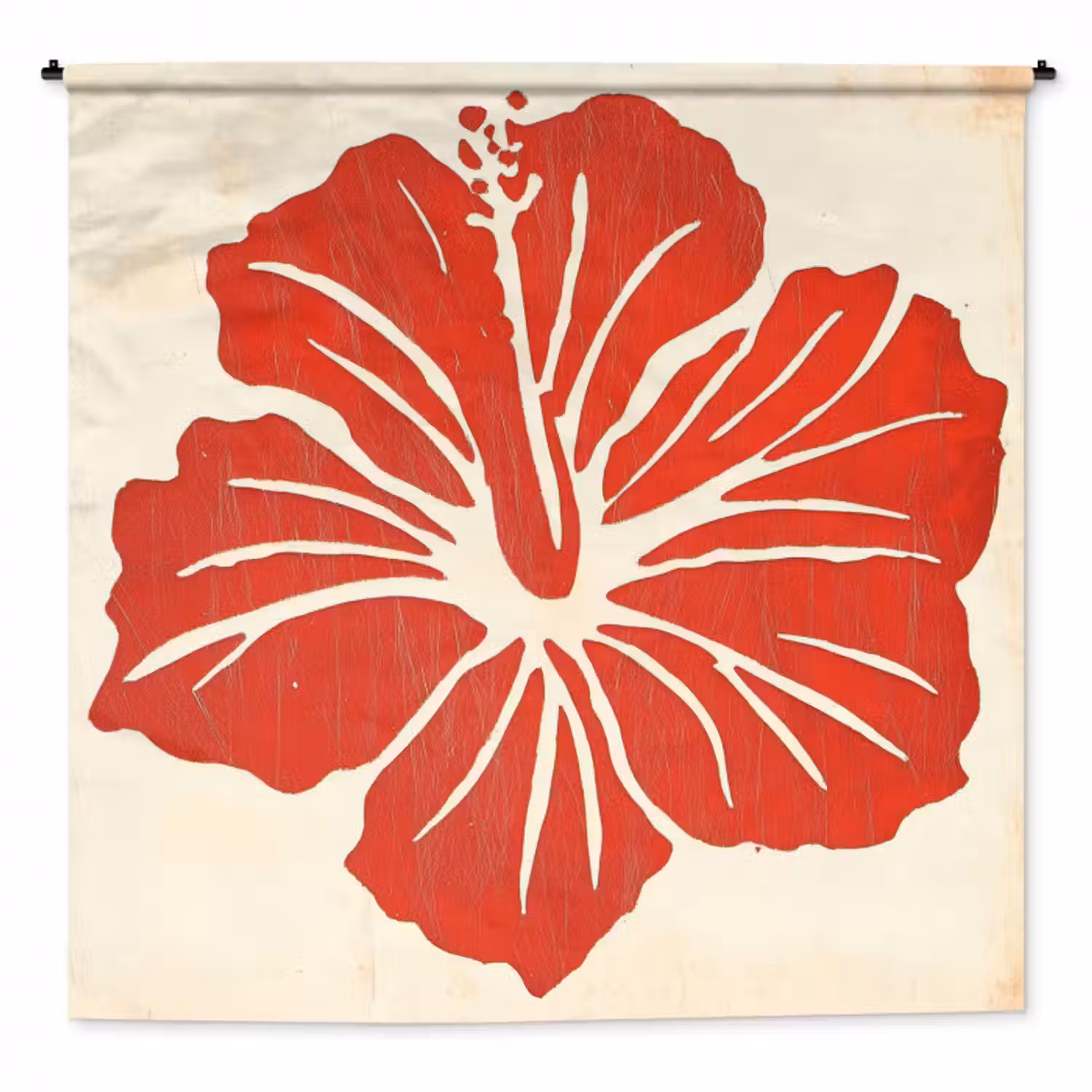 Wandteppich - Rote Hibiskusblüte - Texturierter Hintergrund - Beige