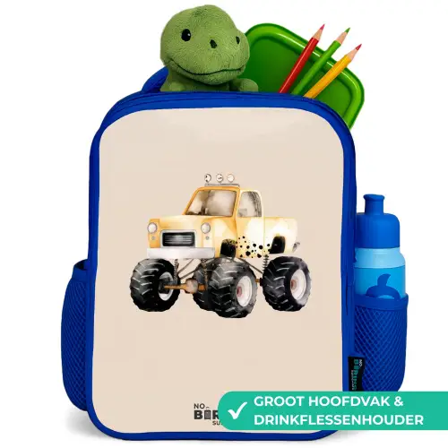 Gele monstertruck op een beige achtergrond Kinderrugzak - Blauw middel -inhoud_NL