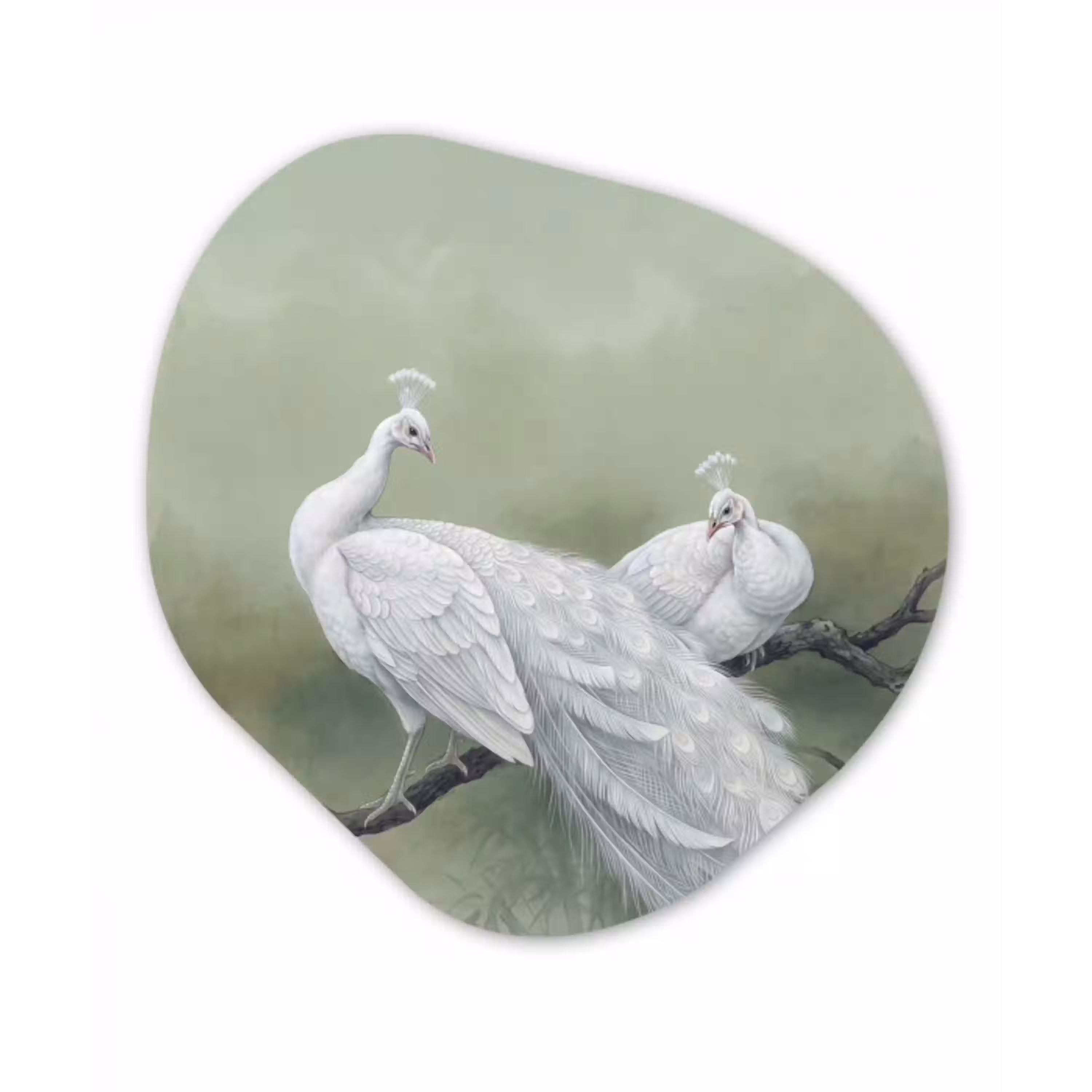 Pauwen - Wit - Natuur - Groen Wandcirkel Organisch Aluminium middel -3d