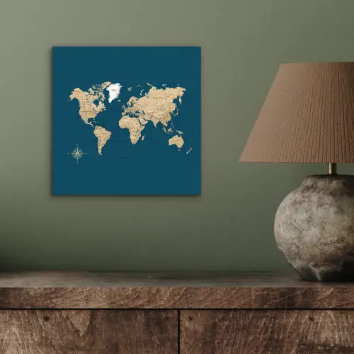 Wereldkaart - Donkerblauw - Beige aluminium wit klein -sfeer2
