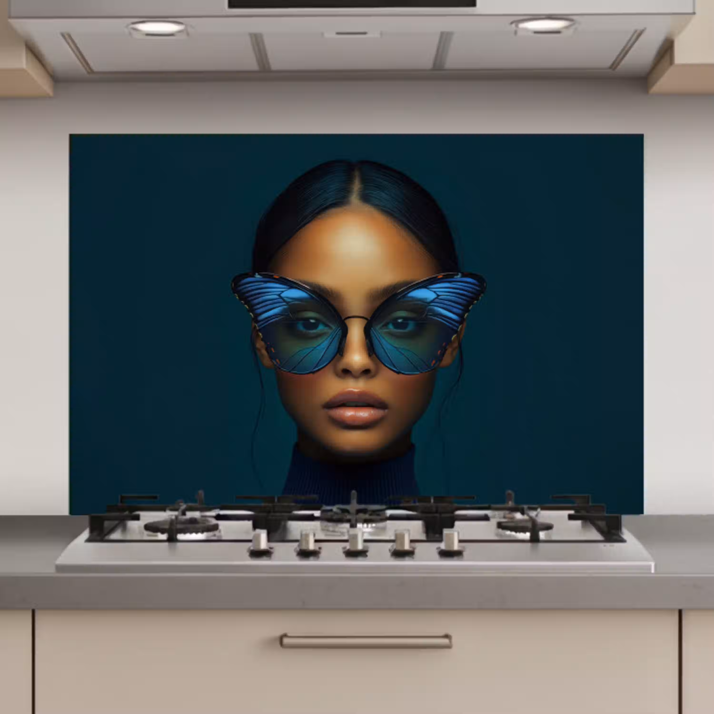 Vrouw - Vlinder - Bril - Blauw - Modern - Portret keuken achterwand spatscherm klein -3d_website