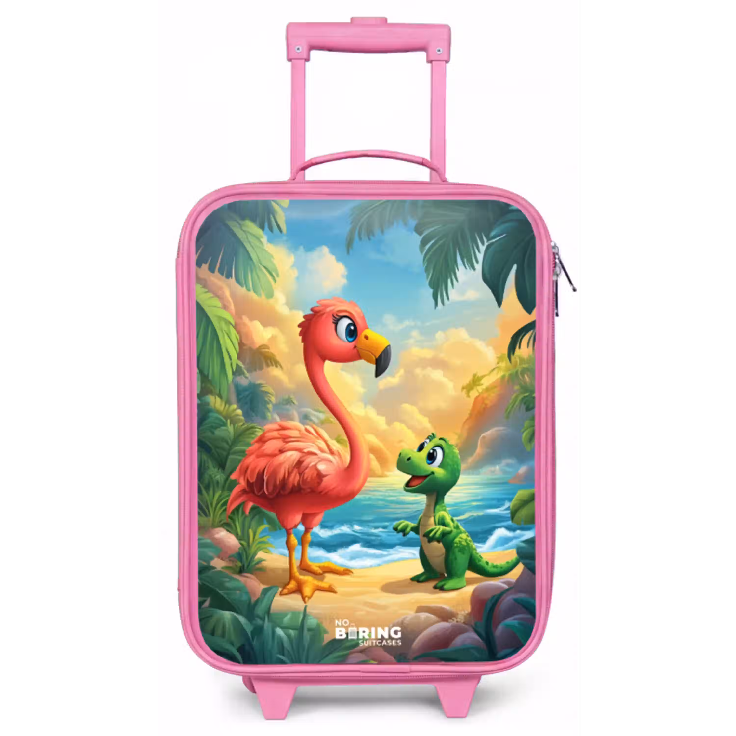 Flamingo en dinosaurus op strand bij ondergaande zon Kinderkoffer - Roze klein -zz3dotto