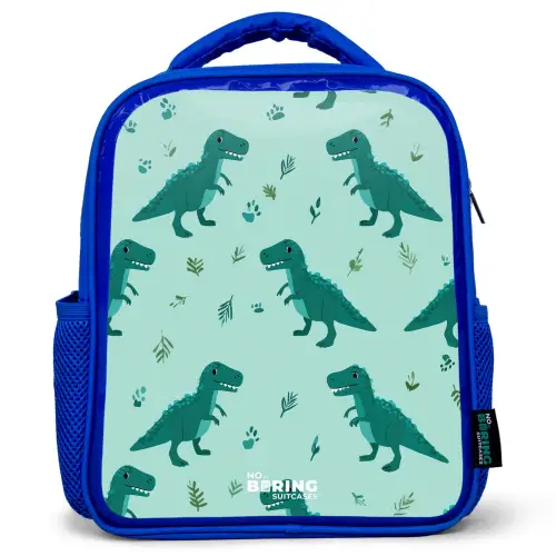 Vriendelijke T. rex tussen sporen Kinderrugzak - Blauw middel -3d