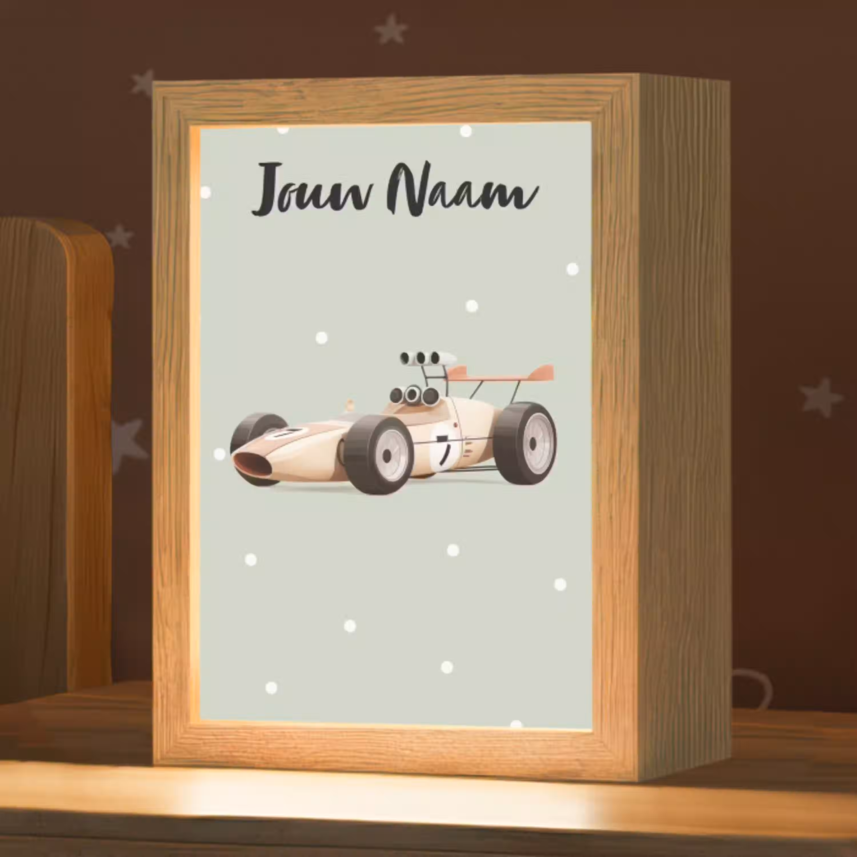 Beige - Raceauto - Stippen - Wielen Light Box met kabel (Kinderlampje) klein -zzz_3d_website