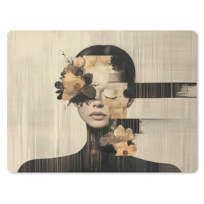 Gezicht - Bloemen - Zwart - Vrouw muismat rubber klein -3d