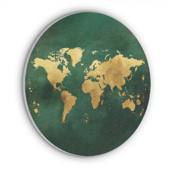 Wereldkaart - Groen - Goud Akoestische PET Vilt - Rond klein -3d